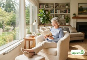 Senior woman enjoying independent living safely at home.