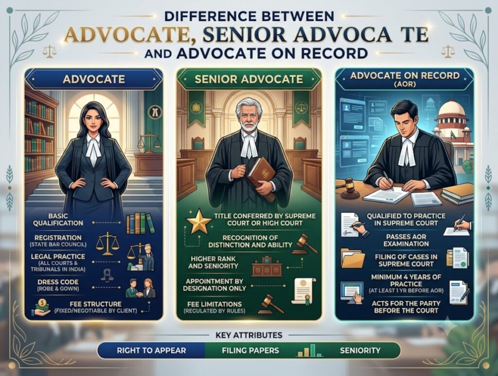 Difference between Advocate, Senior advocate and Advocate on Record