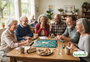 Happy seniors playing board games together as a fun entertainment activity