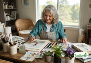 Senior woman painting at home as one of the best creative entertainment ideas for seniors