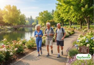 Active seniors enjoying a nature walk in the park for healthy outdoor entertainment