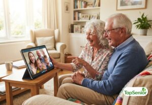 Grandparents using a tablet for a video call with family as digital entertainment for seniors