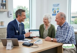 Senior receiving preventive healthcare checkup with primary care physician